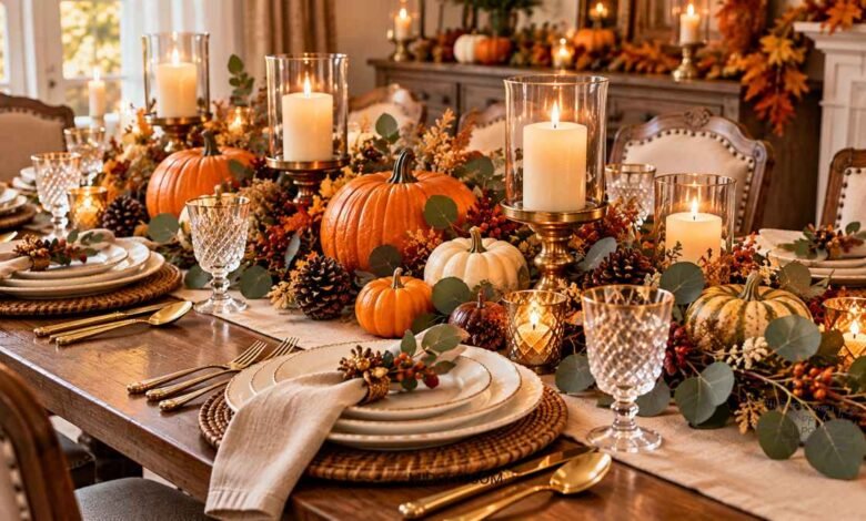 Elegant Thanksgiving table setting with white plates, gold flatware, pumpkins, eucalyptus, and candles