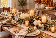 Elegant Thanksgiving table setup for a small dining space with neutral linens, white pumpkins, candles, and greenery