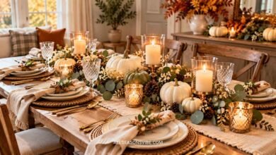 Elegant Thanksgiving table setup for a small dining space with neutral linens, white pumpkins, candles, and greenery