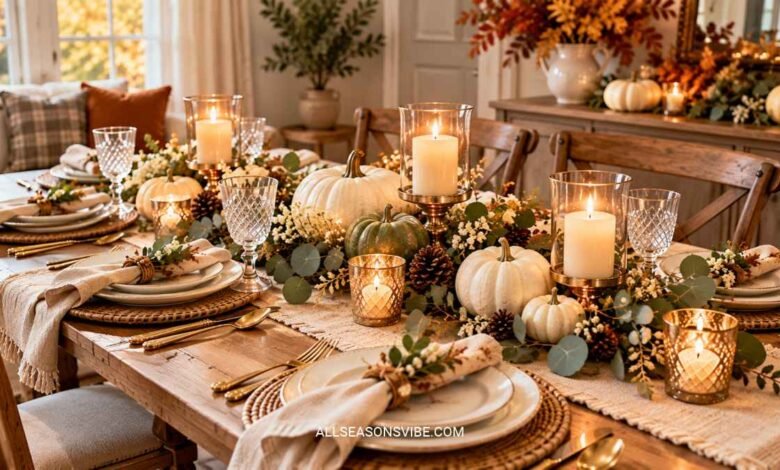 Elegant Thanksgiving table setup for a small dining space with neutral linens, white pumpkins, candles, and greenery