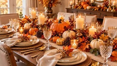 Elegant Thanksgiving table with pumpkins, fall leaves, candles, cream dinnerware, and gold accents