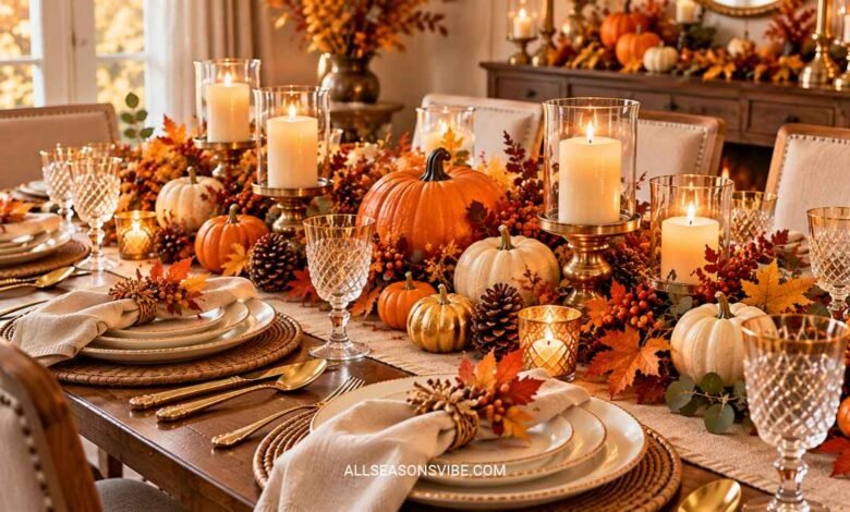 Elegant Thanksgiving table with pumpkins, fall leaves, candles, cream dinnerware, and gold accents
