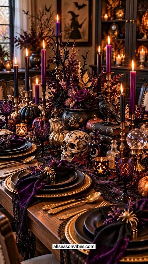 elegant witch halloween table decorated with black tableware purple candles