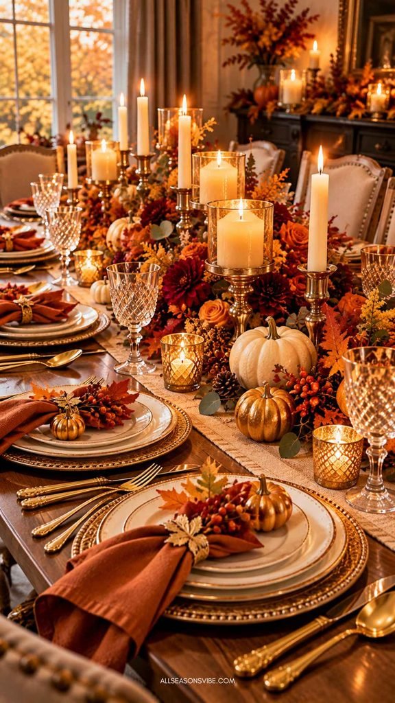 luxury thanksgiving holiday table with gold rimmed dinnerware