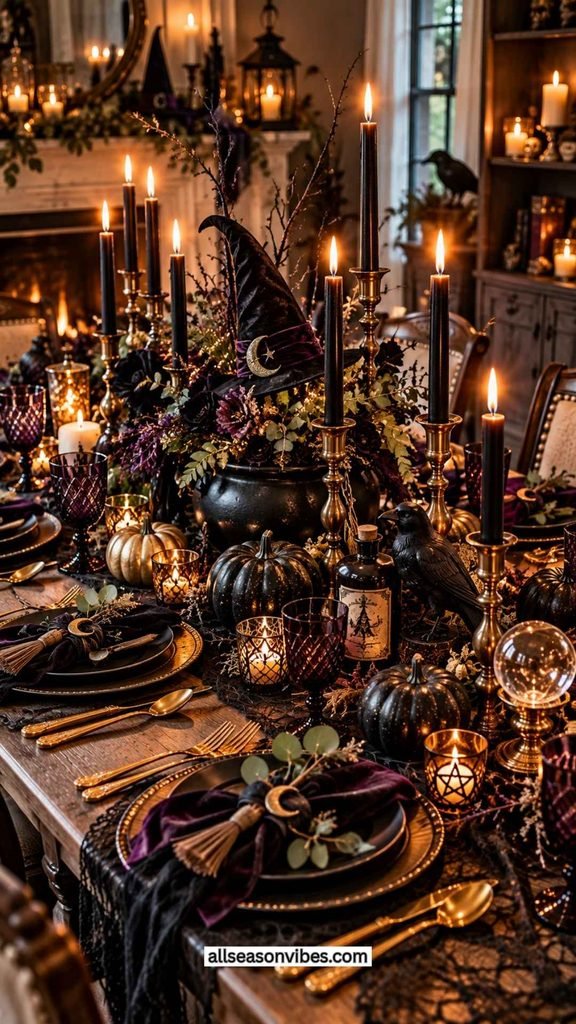 magical halloween dining table decorated with black pumpkins, witch hats, candles, greenery, and mystical decorations