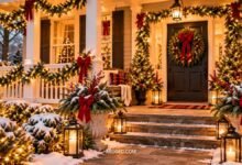 Magical outdoor Christmas decor with evergreen garland, glowing string lights, festive porch planters, and welcoming holiday decorations