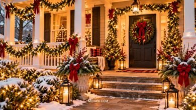 Magical outdoor Christmas decor with evergreen garland, glowing string lights, festive porch planters, and welcoming holiday decorations