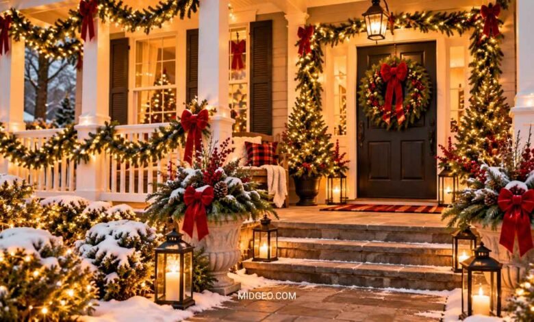Magical outdoor Christmas decor with evergreen garland, glowing string lights, festive porch planters, and welcoming holiday decorations