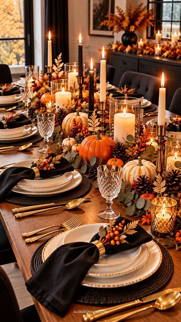 modern thanksgiving dinner table with black napkins