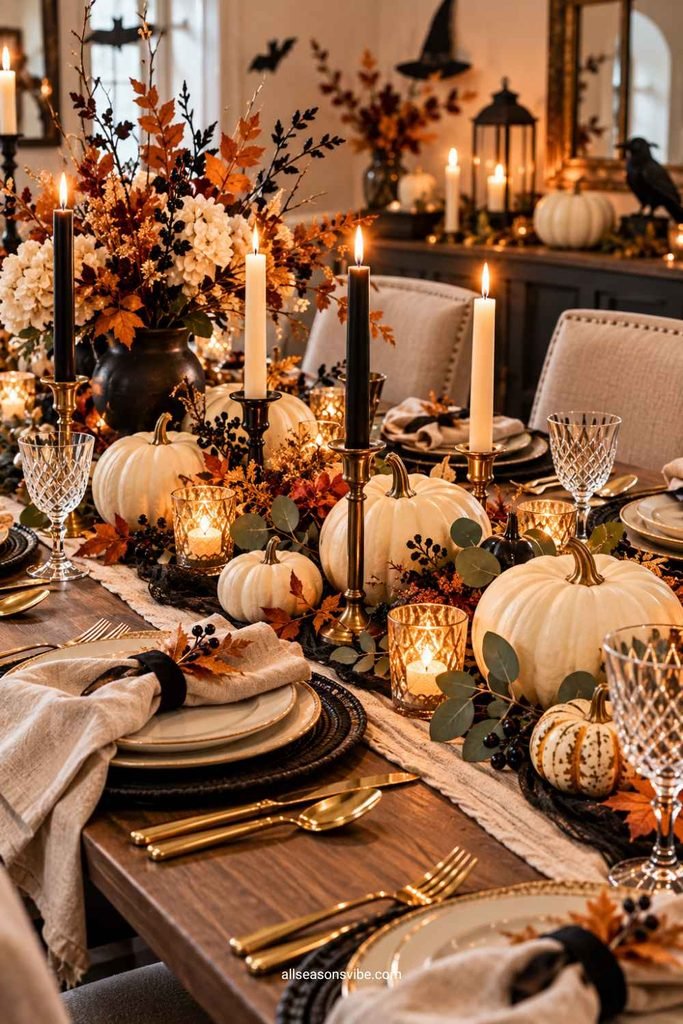 neutral halloween tablescape with white pumpkins candles linen napkins, and seasonal foliage