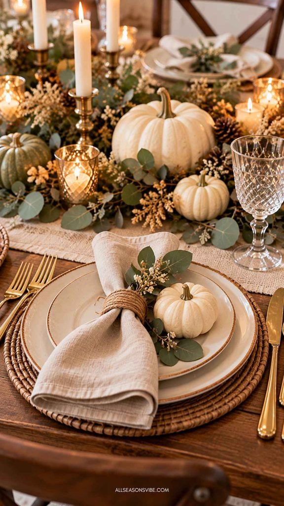 neutral thanksgiving place setting with cream plates