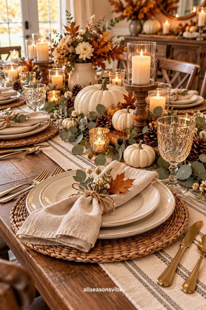 neutral thanksgiving tablescape with everyday dishes eucalyptus white pumpkins candles