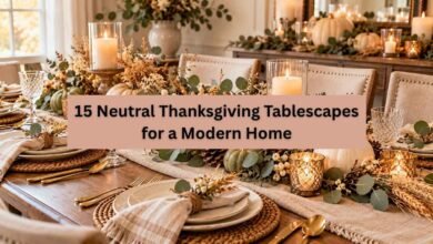 Neutral Thanksgiving tablescape with white pumpkins, beige linen, eucalyptus, and elegant table settings