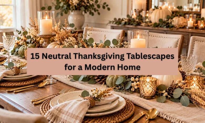 Neutral Thanksgiving tablescape with white pumpkins, beige linen, eucalyptus, and elegant table settings