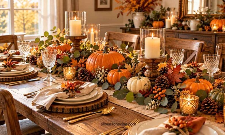 rustic thanksgiving tablescape with pumpkins