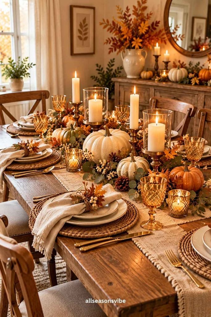 small dining room thanksgiving tablescape with rustic wood table, beige linen runner, candles, autumn decor