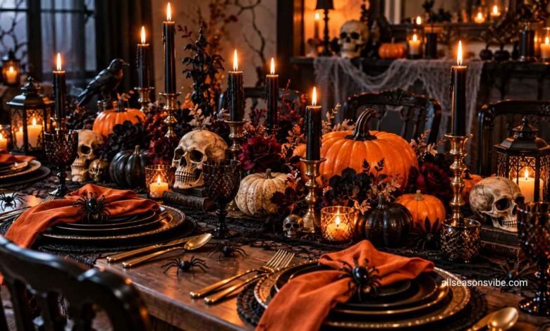 spooky halloween tablescape with black candles