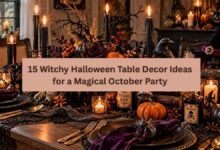 Elegant witch Halloween table decorated with black tableware, purple candles, pumpkins, and magical accents