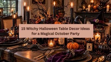 Elegant witch Halloween table decorated with black tableware, purple candles, pumpkins, and magical accents