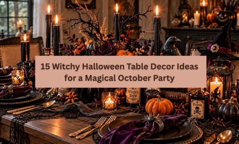 Elegant witch Halloween table decorated with black tableware, purple candles, pumpkins, and magical accents